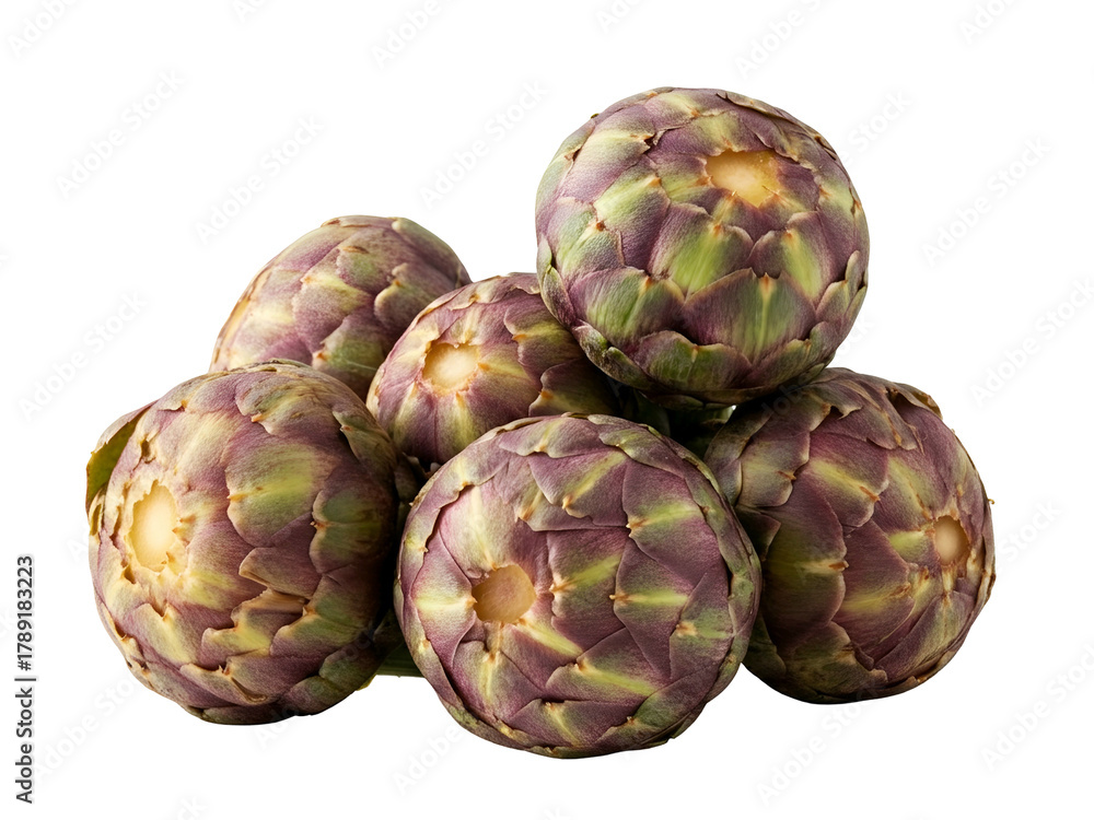 Obraz premium Fresh pile of artichokes isolated on a white background, perfect for culinary and health-focused visuals