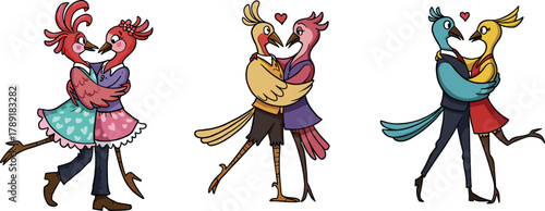 Cute romantic dancing love birds illustration, colorful cartoon bird couples in love with hearts, valentine romance and affectionate art