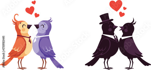 Cute romantic love birds illustration, colorful and black couple birds with hearts, wedding and valentine concept, affectionate cartoon art