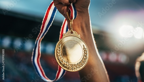 A close-up shot captures a golden medal held high by a person, showcasing the achievement and triumph against a blurred background with stadium lighting, symbolizing victory and success