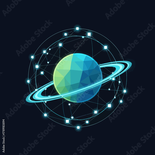 Geometric Saturn with Rings and Connected Network of Lights in Space.