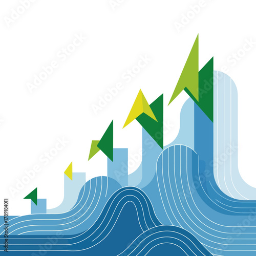 Abstract Growth Chart with Green Arrows and Blue Waves.