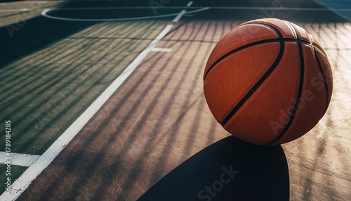 A vibrant orange basketball sits on a textured court, casting a long shadow under the warm sunlight, showcasing the sport's equipment and the outdoor playing surface