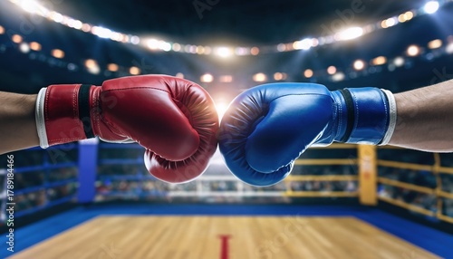 Two boxing gloves, one red and one blue, are touching in the center of a boxing ring, with the focus on the gloves and the blurred background of the arena