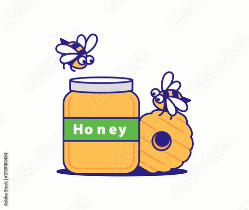 Cartoon vector illustration featuring a jar of honey with buzzing bees and a honeycomb beside it. design captures the sweetness and warmth of nature, perfect for food packaging, organic product
