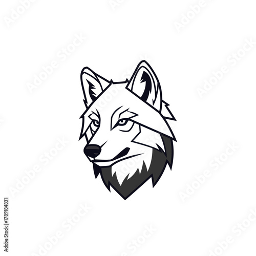 Detailed Line Art of a Focused Wolf Head with Sharp Features.