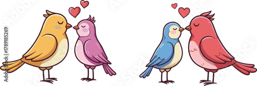Adorable love birds kissing illustration, colorful romantic bird couples with hearts, cute cartoon animal art, Valentine’s day affection concept