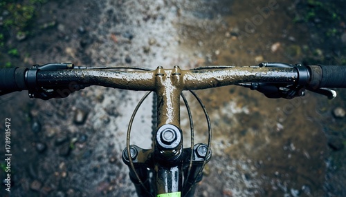 A close-up, top-down perspective showcases a muddy mountain bike handlebar, emphasizing the details of the bike's components and the textured terrain of the trail it traverses