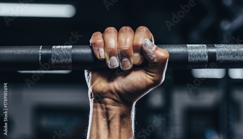 A close-up shot captures a hand firmly gripping a textured barbell, showcasing the strength and determination of a person engaged in a workout session at the gym