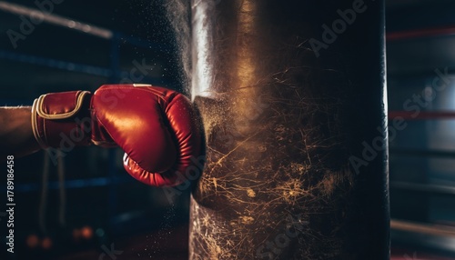 A close-up shot captures a red boxing glove making contact with a heavy punching bag, creating a dynamic scene of physical activity and training in a dimly lit gym environment