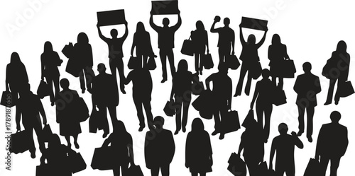 Silhouette crowd of shoppers demonstrating carrying bags and signs for a protest or Black Friday.