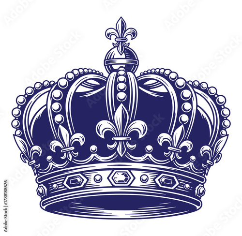Detailed royal crown design featuring fleur de lis and geometric ornate elements in dark blue