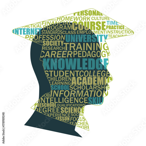 Graduation man silhouette. Success and pride for achievement. Face shape frame with relative keywords.