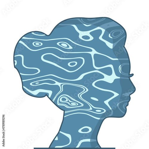 Top view of the blue and bright turquoise sea. Double exposure portrait of young woman and sea surface.