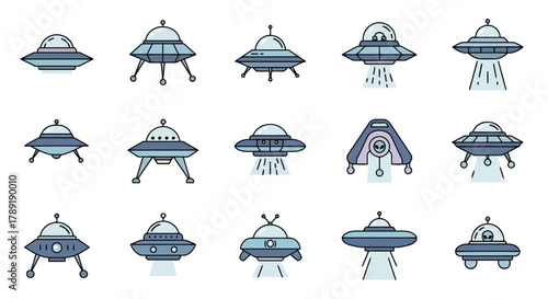 Collection of UFO Icons Flying Saucers in Various Designs