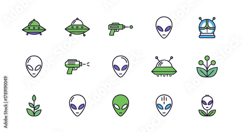 Alien and UFO Icons Space Exploration, Extraterrestrial Life, and Futuristic Technology Collection