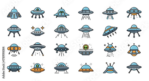 A diverse collection of colorful UFO and flying saucer line icons. Vector illustrations representing alien spacecraft and sci-fi technology