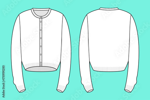 Ladies Cropped Button-Up Cardigan Flat Sketch Front and Back Technical Drawing