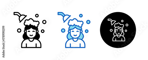 Hair Washing Multiple Style Icon Set Collection Mixed, Blue & Line. 