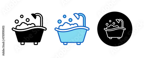 Bathtub Multiple Style Icon Set Collection Mixed, Blue & Line. 