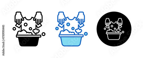 Washing Clothes Multiple Style Icon Set Collection Mixed, Blue & Line. 