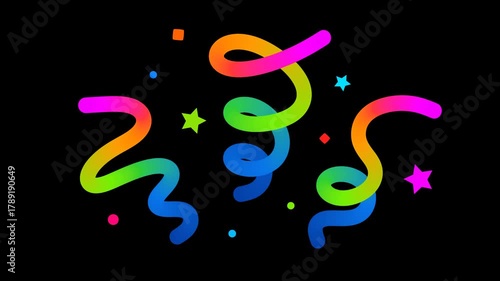 Color Confetti Icons with Gradient Lines, Stars and Swirl Ribbons. Fun Firecracker Explosion. Party and Carnival Celebration 3D. Transparent Background.