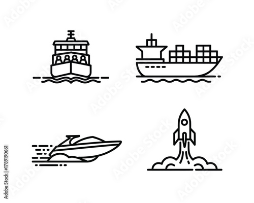 Four distinct transport icons depicting water and space travel boat ship