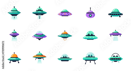 Assorted alien spaceship illustrations and futuristic flying saucers in a creative, colorful design, ideal for sci-fi, gaming, and technology themes