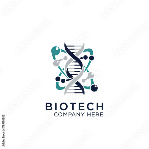 Biotech Company Logo with DNA Helix and Molecular Structure.