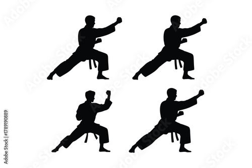 Four martial artists in black silhouettes performing stances martial arts karate