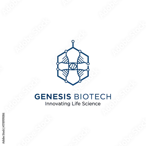 Genesis Biotech Logo Featuring a Stylized DNA Strand Encased in a Hexagon.