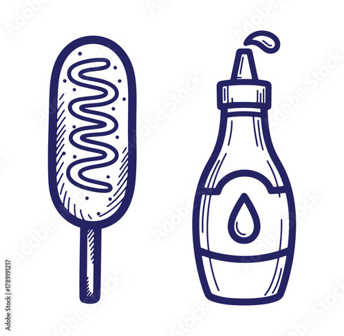 Hand drawn illustration of a delicious corn dog and a squeeze bottle of mustard
