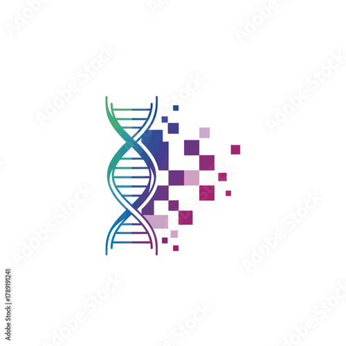 DNA strand transforming into digital pixels, representing genetic data and biotechnology.