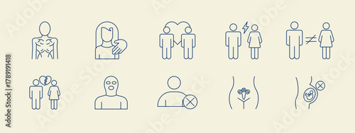 Social issues problems icon set. Simple vector illustration in modern thin line style. Vector illustration.
