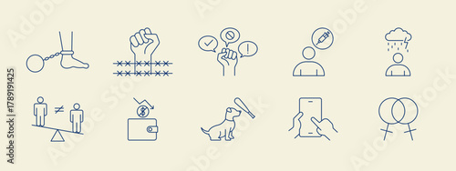 Social issues problems icon set. Simple vector illustration in modern thin line style. Vector illustration.