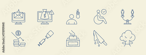 Social issues problems icon set. Simple vector illustration in modern thin line style. Vector illustration.