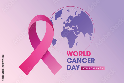 World Cancer Day Awareness with Pink Ribbon and Global Map