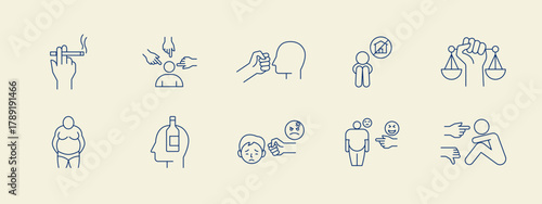 Social issues problems icon set. Simple vector illustration in modern thin line style. Vector illustration.