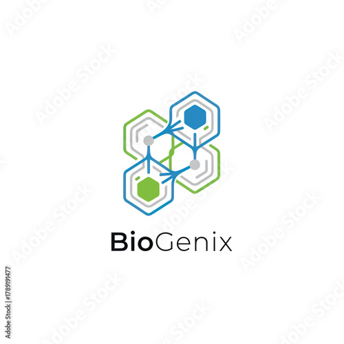 BioGenix company logo with abstract hexagonal molecular structure.