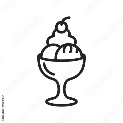 Outline drawing of ice cream sundae with two scoops whipped cream and cherry on top in a glass bowl