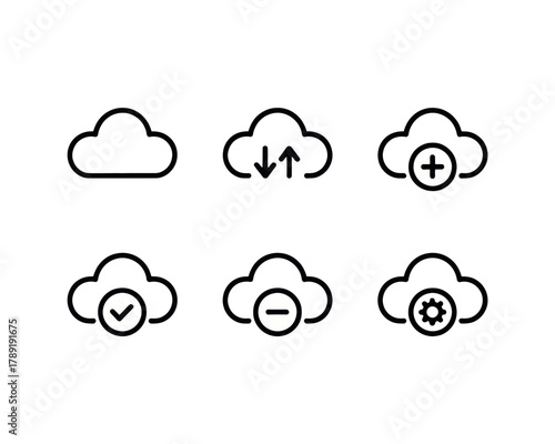 Illustration of various cloud icons representing upload download add check remove and settings functions