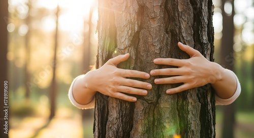 Fototapeta Naklejka Na Ścianę i Meble -  Child's Hands Hugging Rough Tree Trunk in Forest at Sunset for Nature and Ecology Love