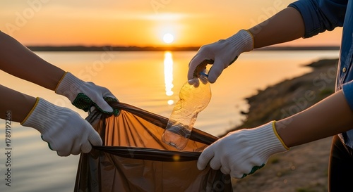 People with Gloves Collecting Plastic Trash on Beach or Riverbank at Sunset for Cleanup