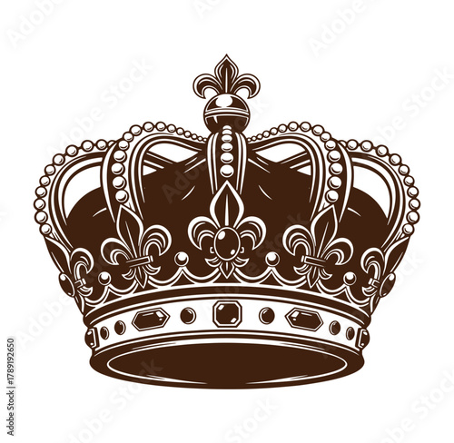 Regal illustration of a detailed brown crown decorated with jewels and fleur de lis symbols