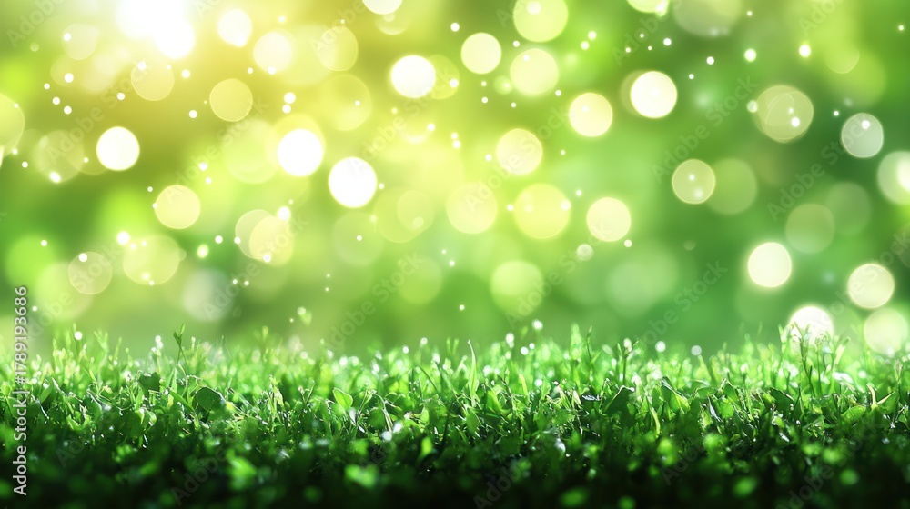 Obraz premium Fresh grass with bokeh lights in the background. Nature scene. Possible use stock photo