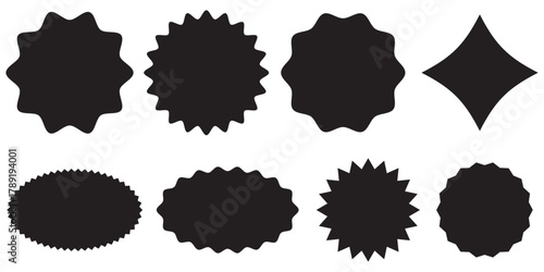 Set of red starburst. Price sticker, sale sticker, price tag, starburst, quality mark, retro stars, sale. Circle sticker set. Wavy edge promo red badges. Star burst shape tags for price. Red sale tag