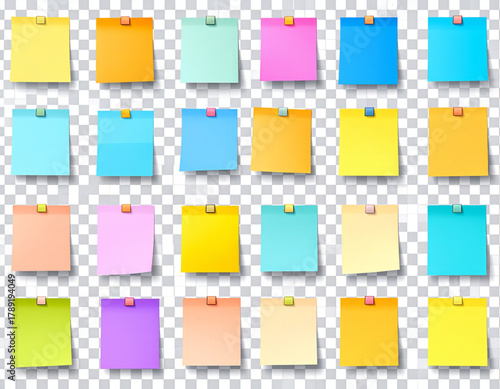 A collection of colorful sticky notes neatly arranged in rows on a transparent background, showing different bright and pastel colors.