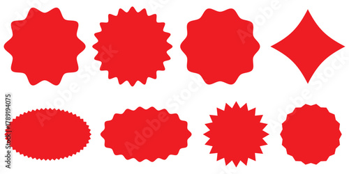 Set of red starburst. Price sticker, sale sticker, price tag, starburst, quality mark, retro stars, sale. Circle sticker set. Wavy edge promo red badges. Star burst shape tags for price. Red sale tag