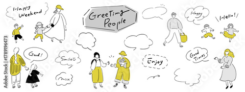 あいさつする人々_手書きイラスト＆吹き出し＆テキスト_ゴールド＆シルバー｜Greeting People_Gold & Silver	