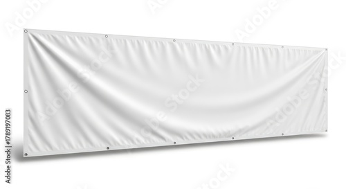 A blank white rectangular banner with grommets on its top and bottom edges displaying realistic folds and wrinkles casting a subtle shadow on a clean white background
